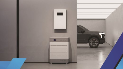 Car parked in garage with white wall, showing solar energy storage and inverter equipment.