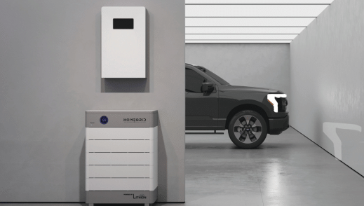 HomeGrid battery in garage with ford truck